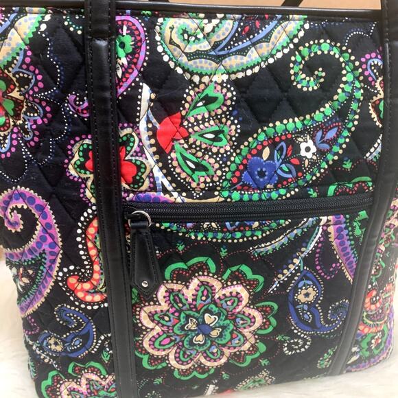 VERA BRADLEY Black Multicolor Paisley KIEV Shopper Shoulder Tote Leather Straps - Picture 7 of 13